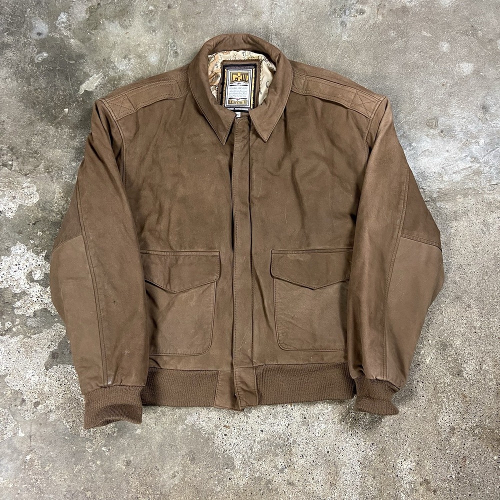 Vintage 80s G-III Global Identity Leather Bomber Jacket Size Medium Brown Zip Up